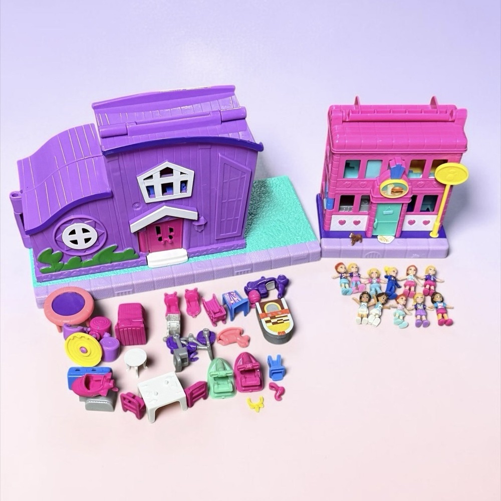 Polly Pocket Lot Bundle Pollyville House & Diner Micro Dolls (11) & Accessories